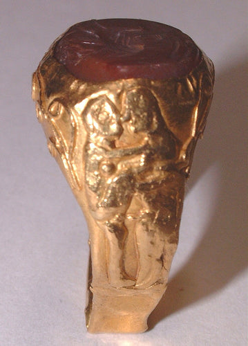 24k gold (erotic imagery-17th C.?) man's pinky ring (size 9) with Sassanian Period (2nd-5th C.CE) carnelian seal stone with 'stag' design.