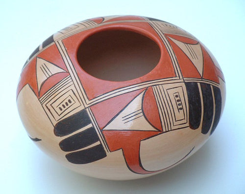 Adele Nampeyo, Hopi, 2002: Medium-small pot with Sityaki revival, eagle feather designs,